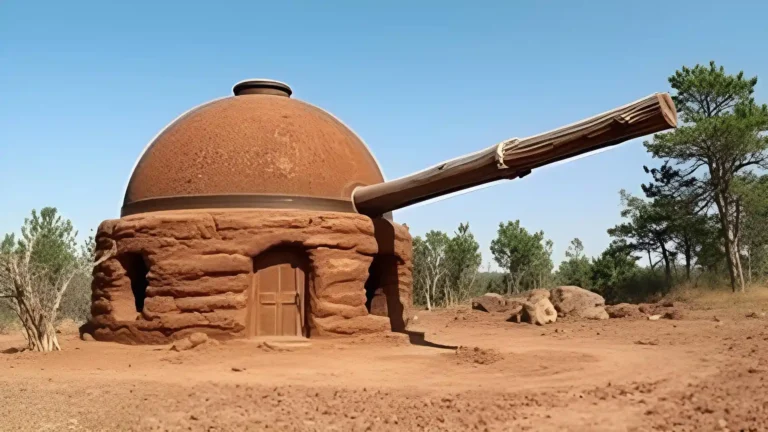 A funny image of a modern Observatory made to look ancient by being made out of mode and a treetrunk as a Telescope.