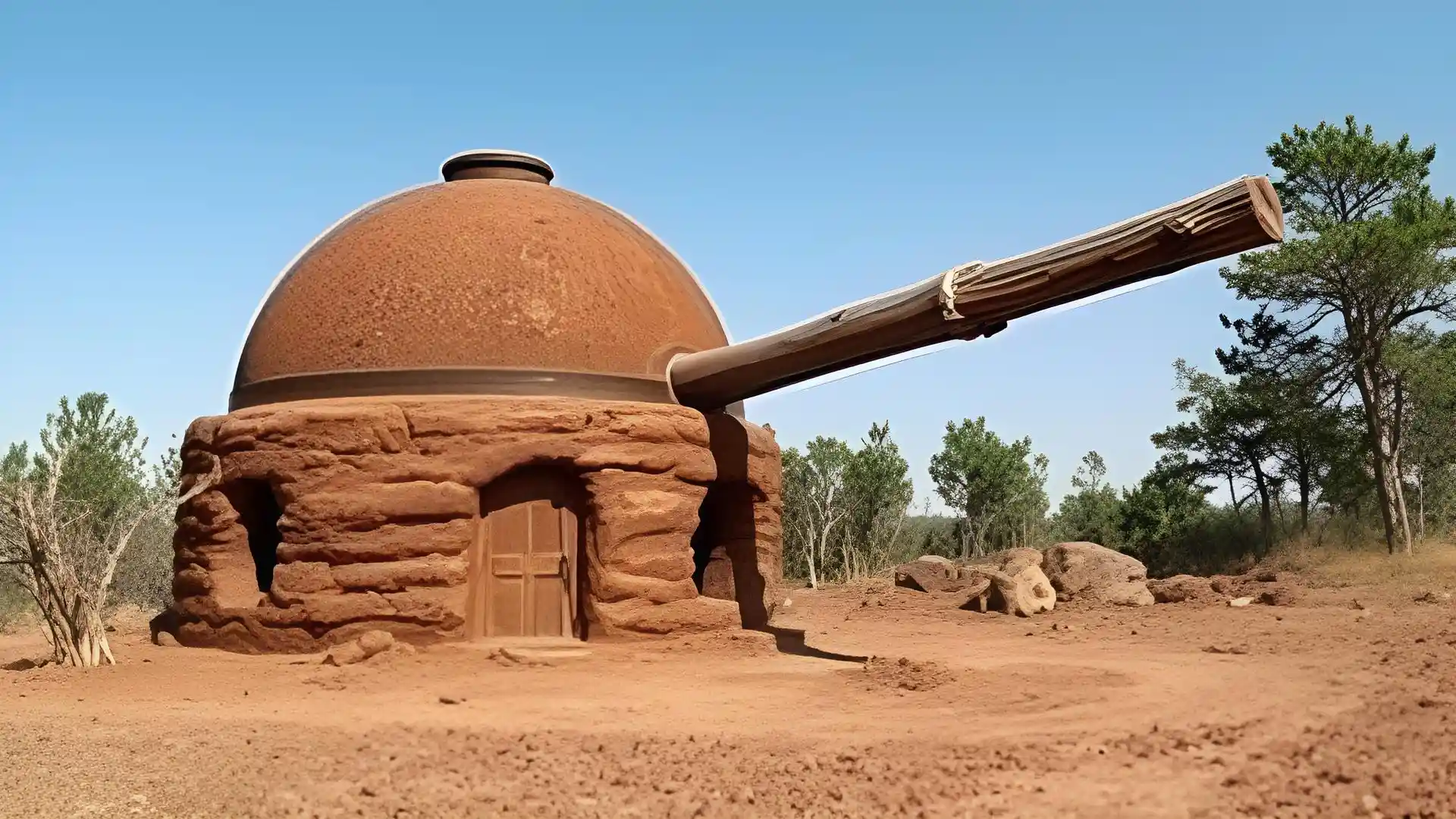 A funny image of a modern Observatory made to look ancient by being made out of mode and a treetrunk as a Telescope.