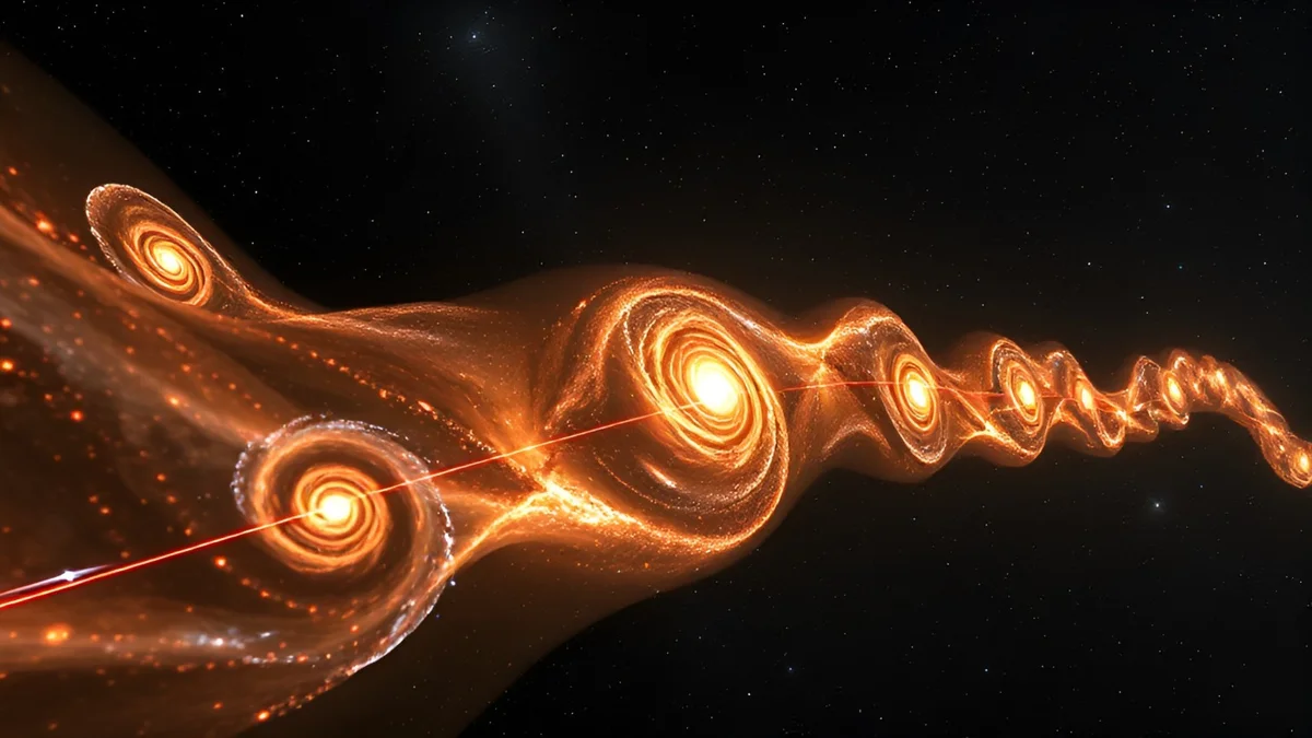 A cosmic filament with spiral galaxies moving along its structure, illustrating potential rotational motion and large-scale universe formation.