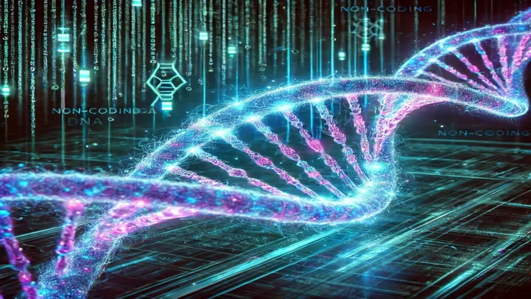 Digital visualization of glowing DNA double helix structure with data streams