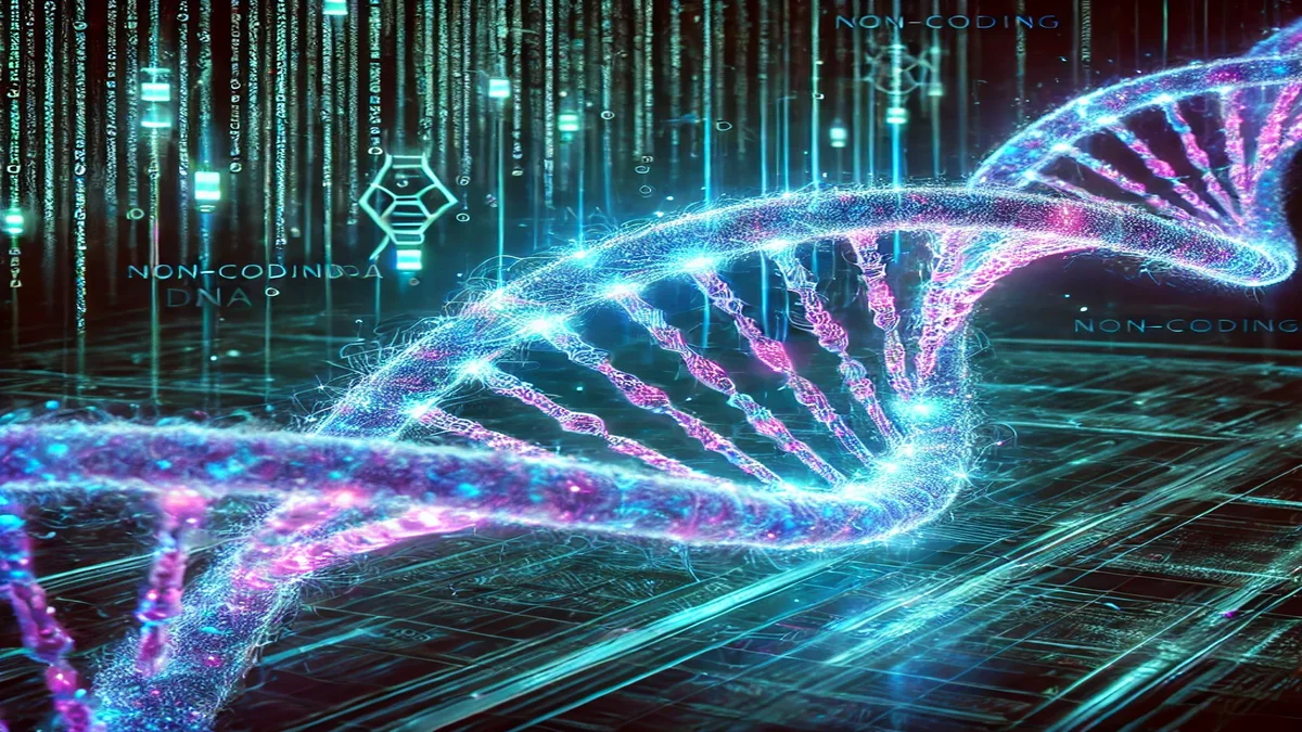 A digital representation of non-coding DNA, glowing in a futuristic setting, symbolizing its hidden regulatory functions.