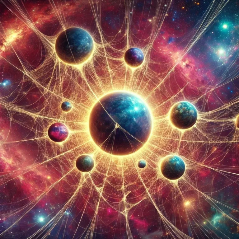 Artistic visualization of cosmic web structure with planets connected by golden filaments