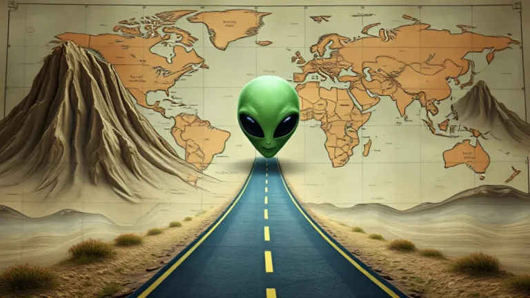 Alien figure standing on desert highway with world map backdrop