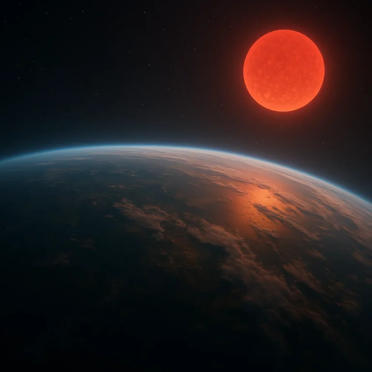 Illustration of a red sun rising above a calm ocean on an exoplanet horizon