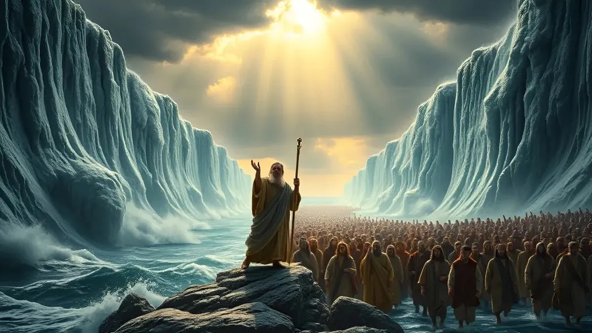 Moses parting the Red Sea in the Exodus tale.
