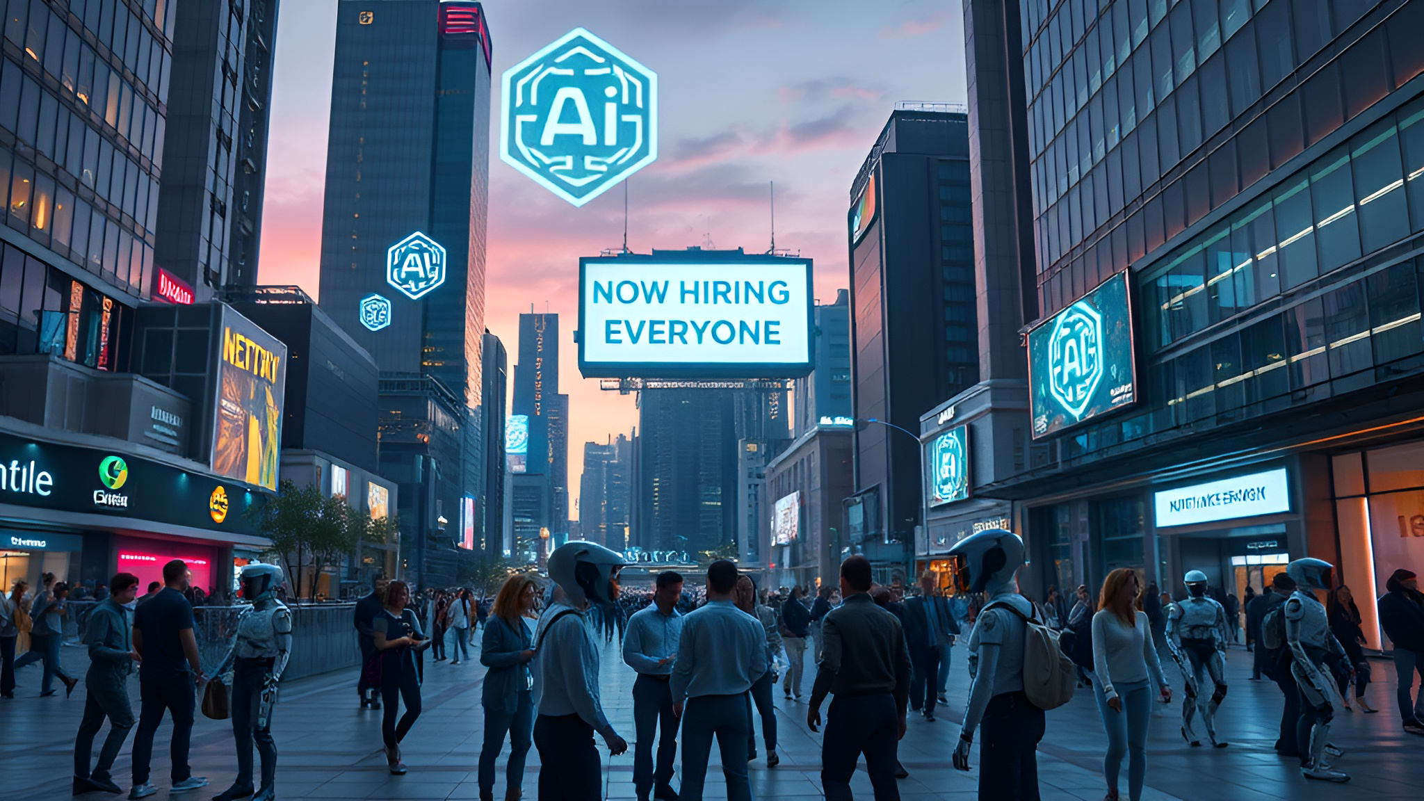 Humans and robots collaborate in a futuristic cityscape, highlighting AI jobs opportunities and replacement trends.