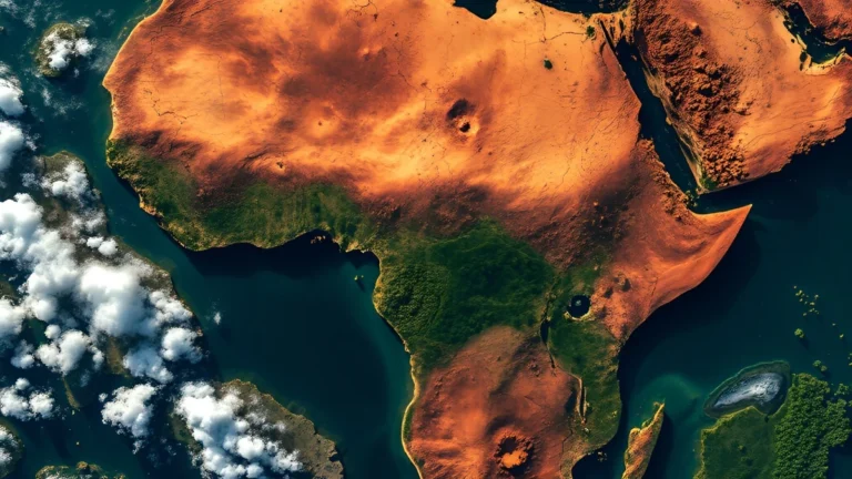Satellite view of Africa from space showing the Sahara desert, equatorial rainforests, coastal regions, and cloud formations illustrating human origins and evolution