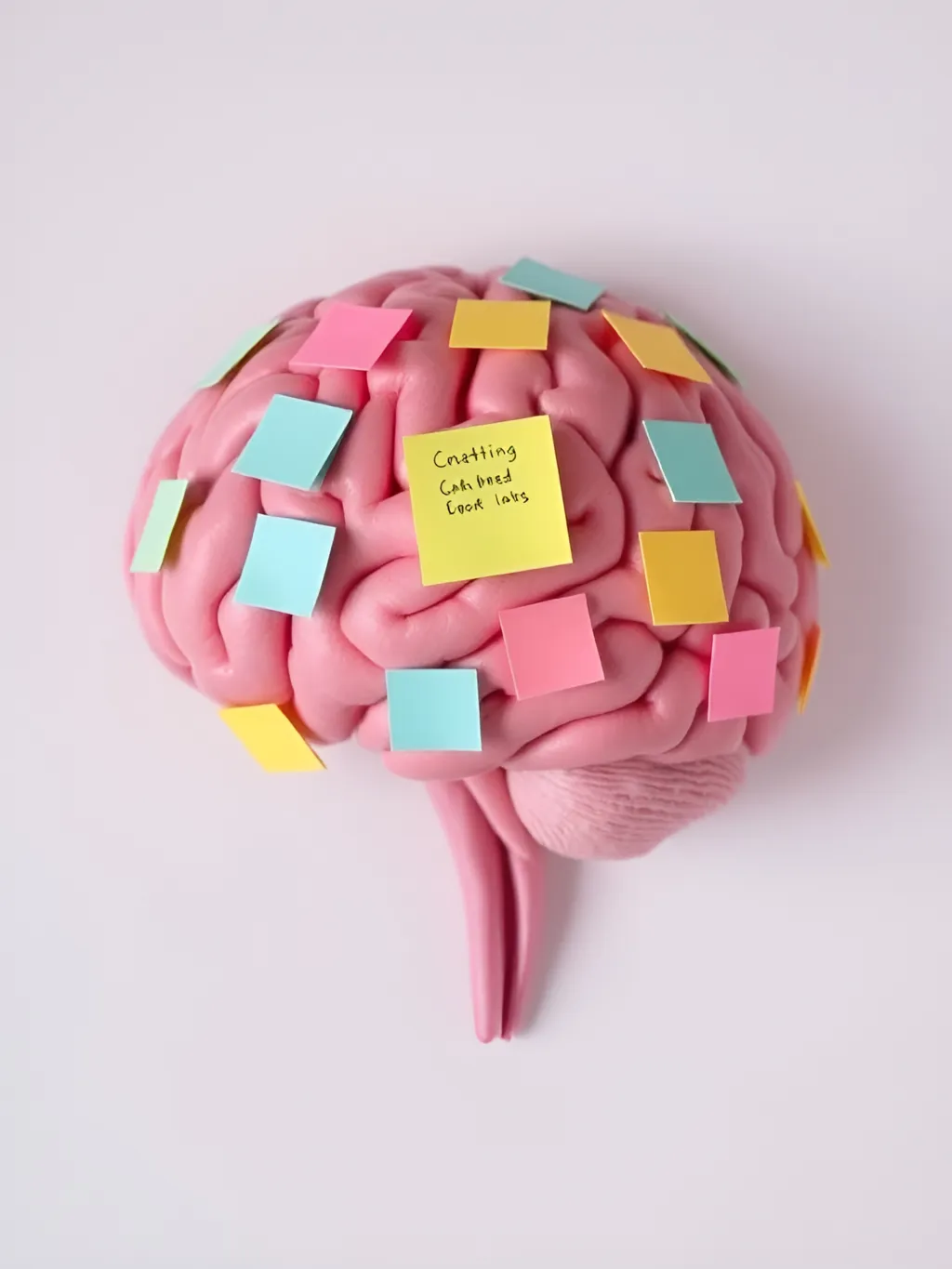 A brain with post-it notes like a bulletin board.