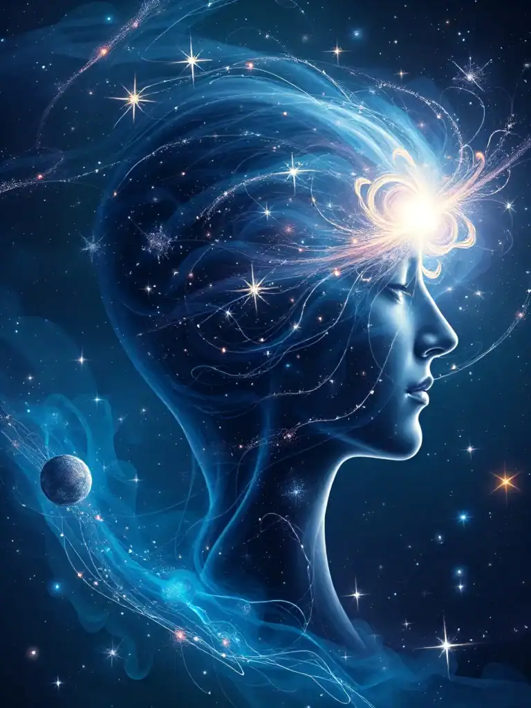 Human profile silhouette with cosmic neural network visualization representing consciousness, theories, and sentience