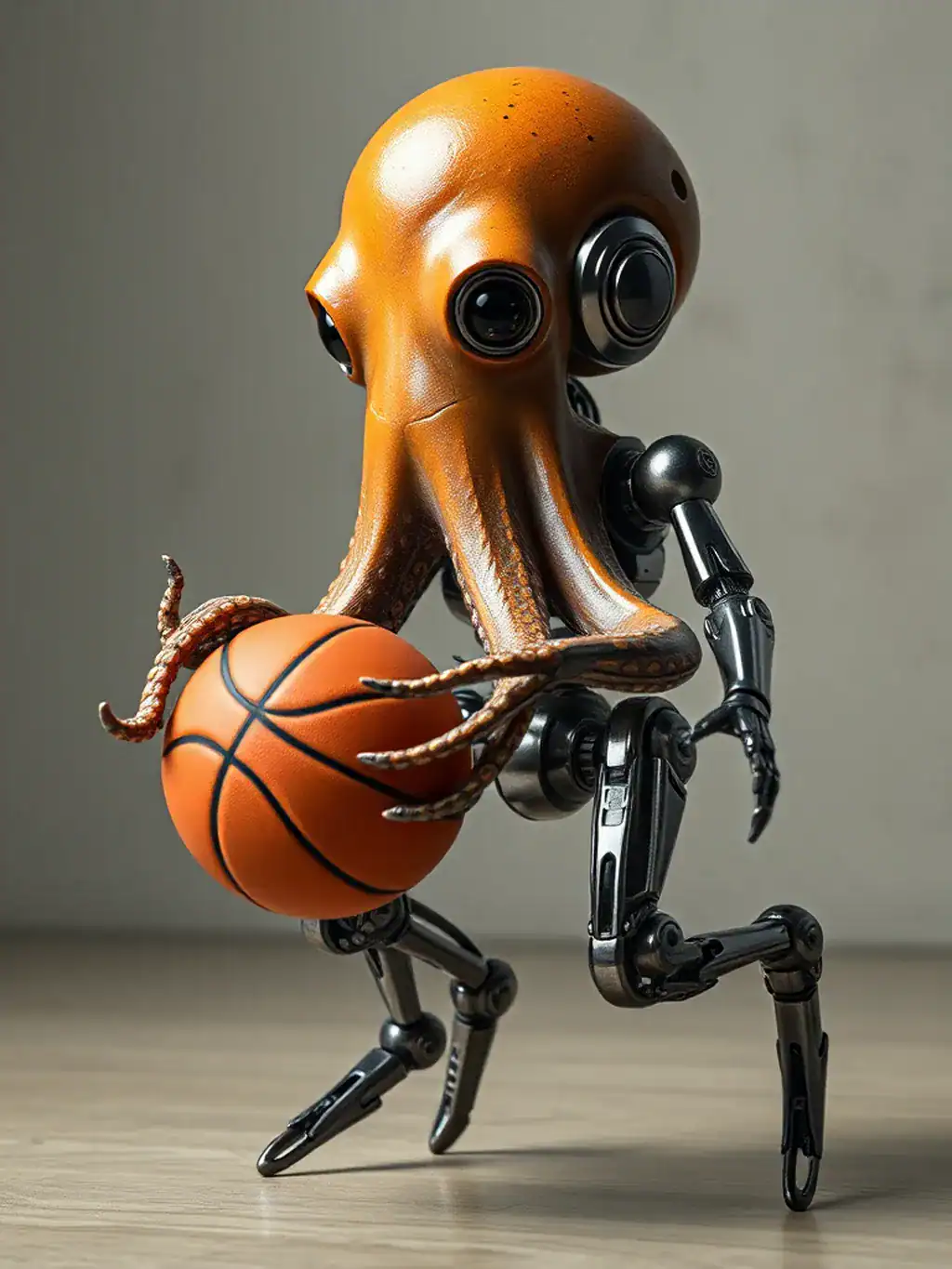 "A robotic octopus holding a basketball, featuring metallic limbs and an expressive orange head, standing on a wooden floor."