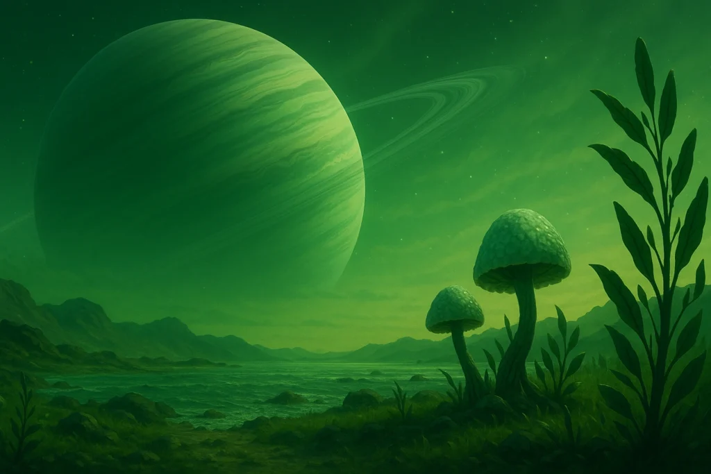 Alien landscape with strange vegetation and creatures under a distant green gas giant
