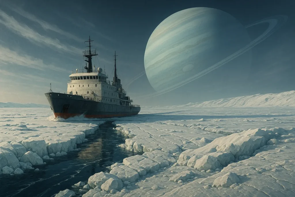Humanoid extraterrestrials kneeling before a massive glowing gas giant in a cosmic sky