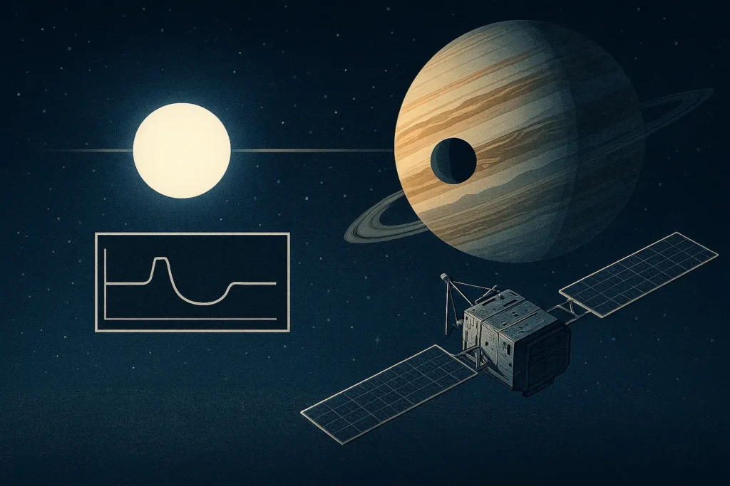 Top-down space view of a gas giant surrounded by many orbiting moons like a miniature solar system