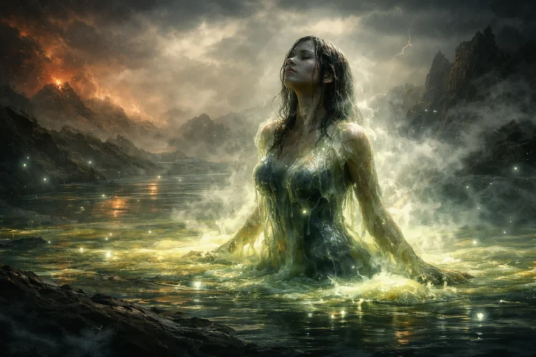 Human female emerging from a pond.
