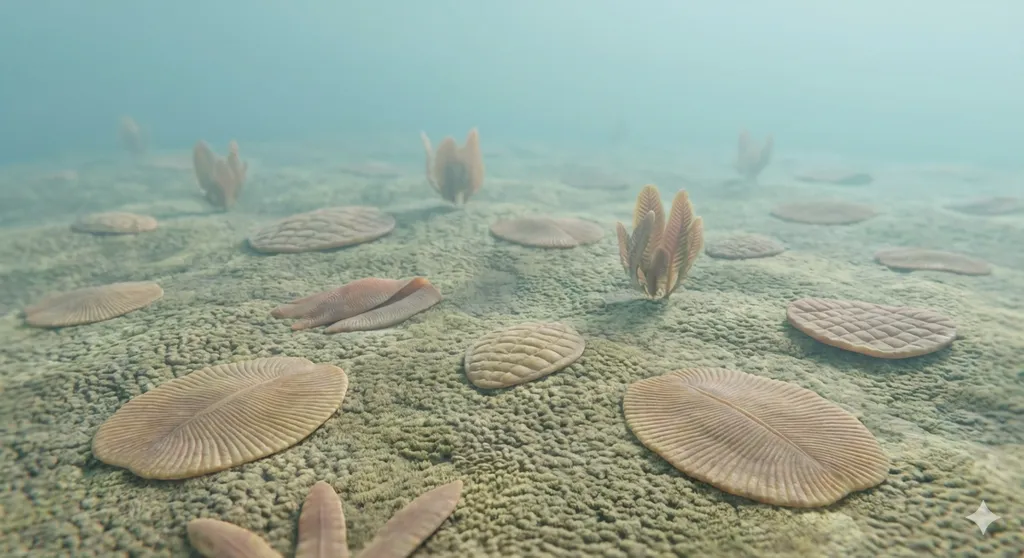 Ediacaran biota fossils showing soft-bodied organisms like Dickinsonia in a pre-Cambrian sea floor.