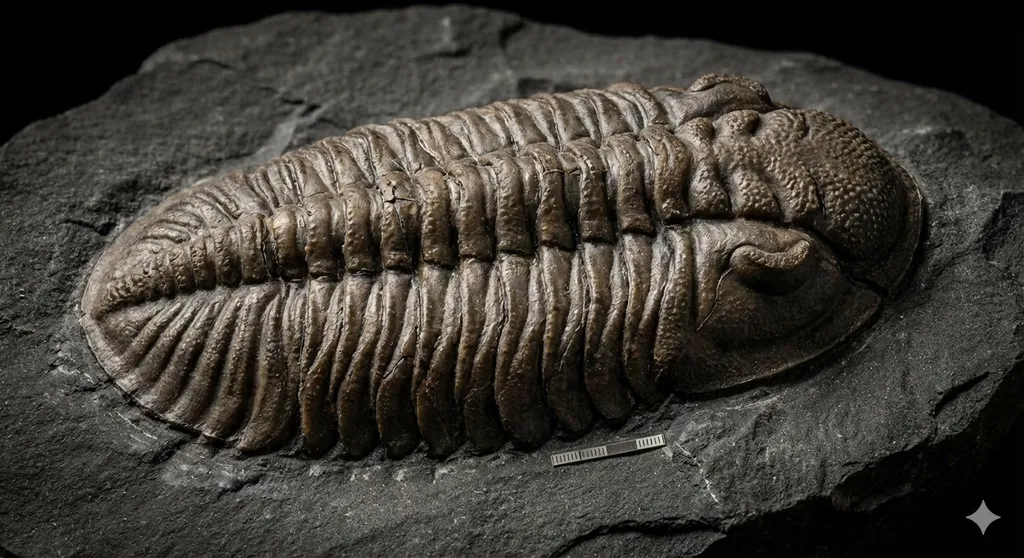 Detailed trilobite fossil showcasing biomineralization and the evolution of calcified exoskeletons.