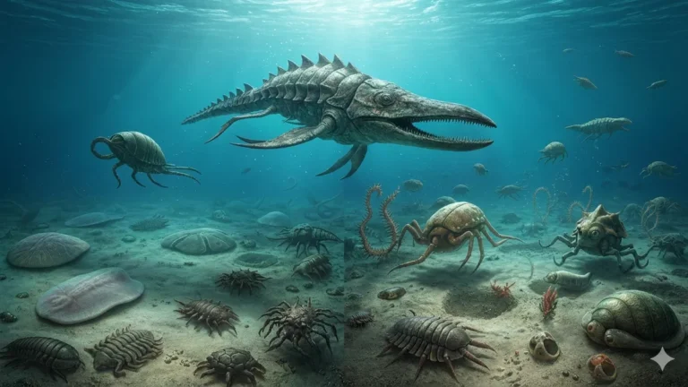 Cambrian Explosion marine ecosystem with trilobites, Anomalocaris, and early animal life.