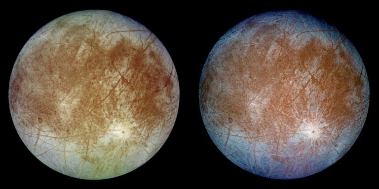 Natural and False Color Views of Europa. A bright, smooth surface fractured by long, dark lines and ridges.