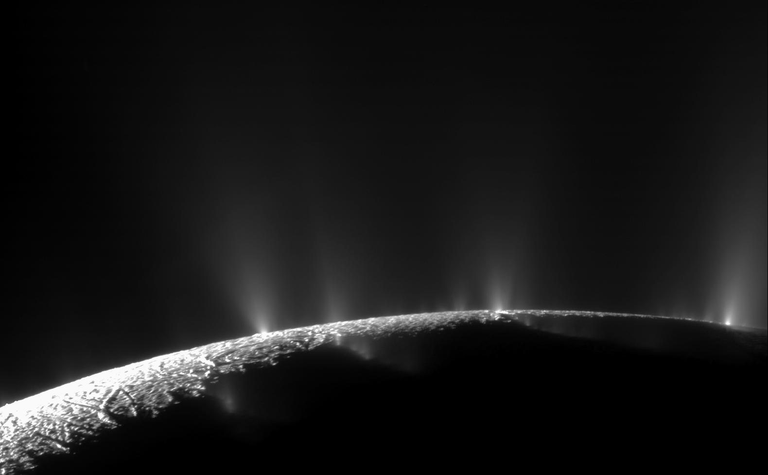Dramatic plumes of water ice spraying out from many locations along the 'tiger stripes' near the south pole of Saturn's moon Enceladus.