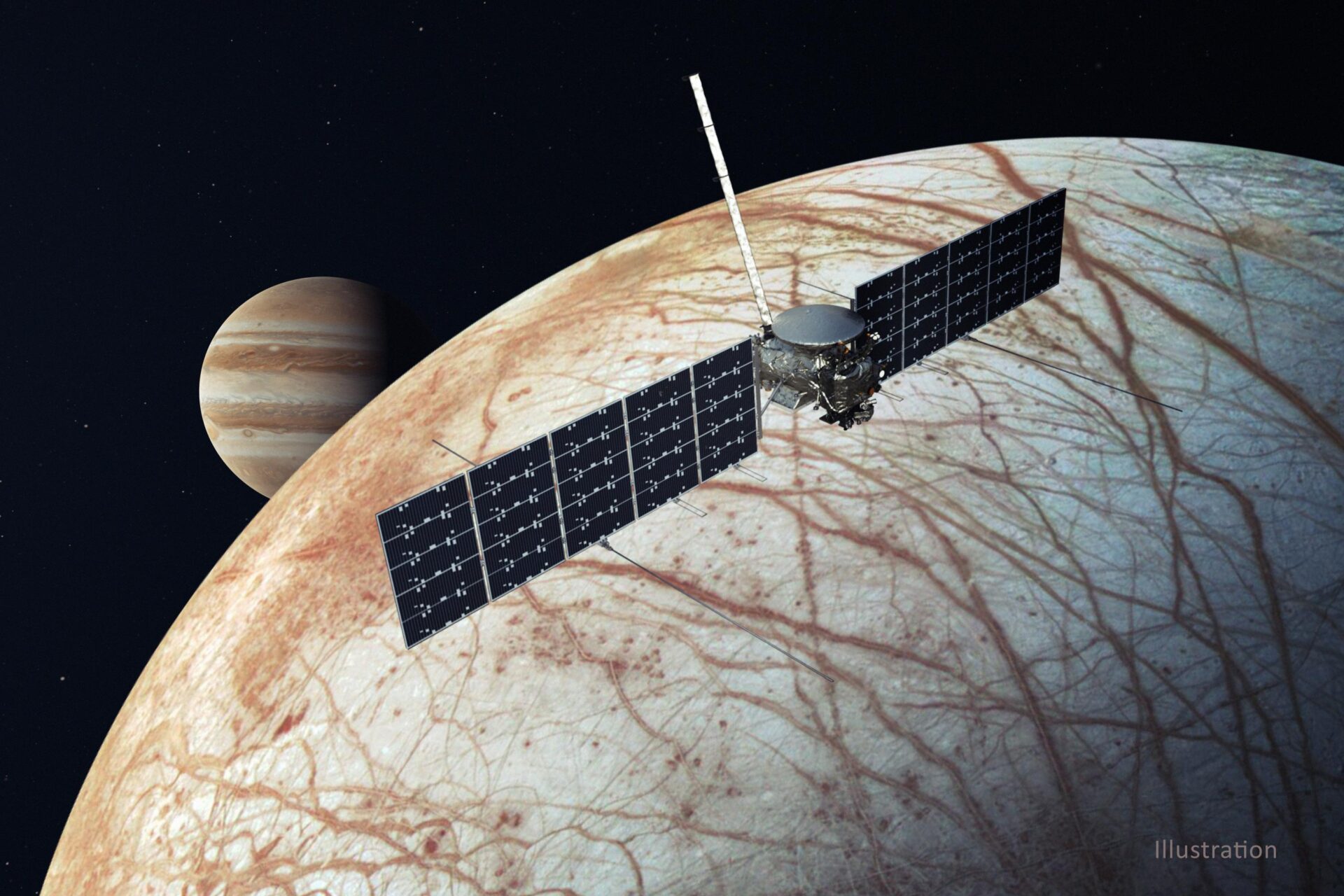 Illustration of NASA's Europa Clipper spacecraft against the backdrop of deep space.