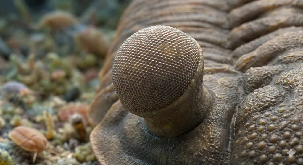 High-detail close-up of early trilobite eyes illustrating the evolution of vision and the Cambrian arms race.