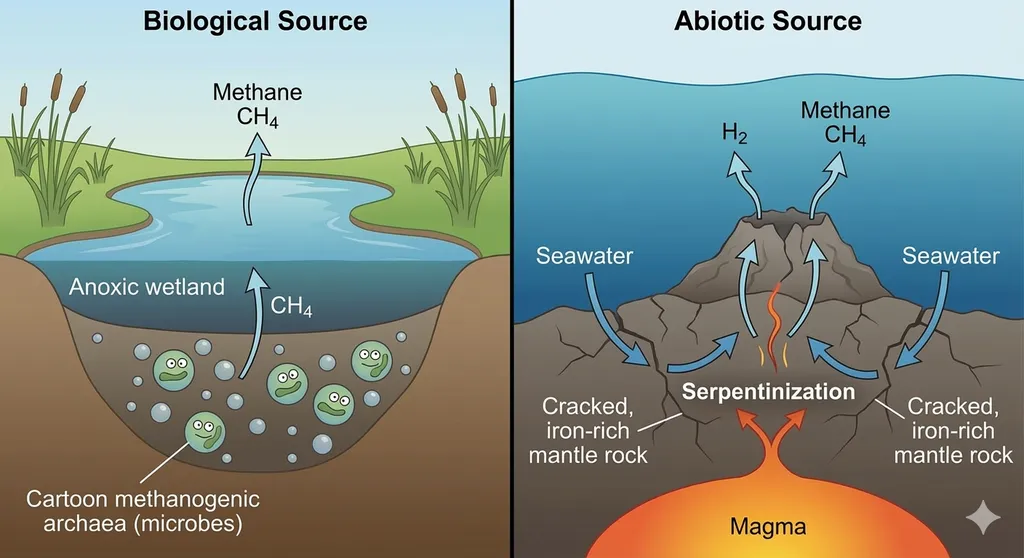 Diagram comparing biological and abiotic methane sources and how we could detect false biosignatures..