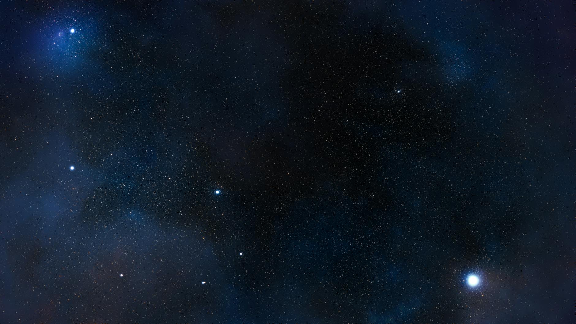 A brilliant starry night sky with the Orion constellation — symbolizing humanity’s early emergence in a chemically maturing universe