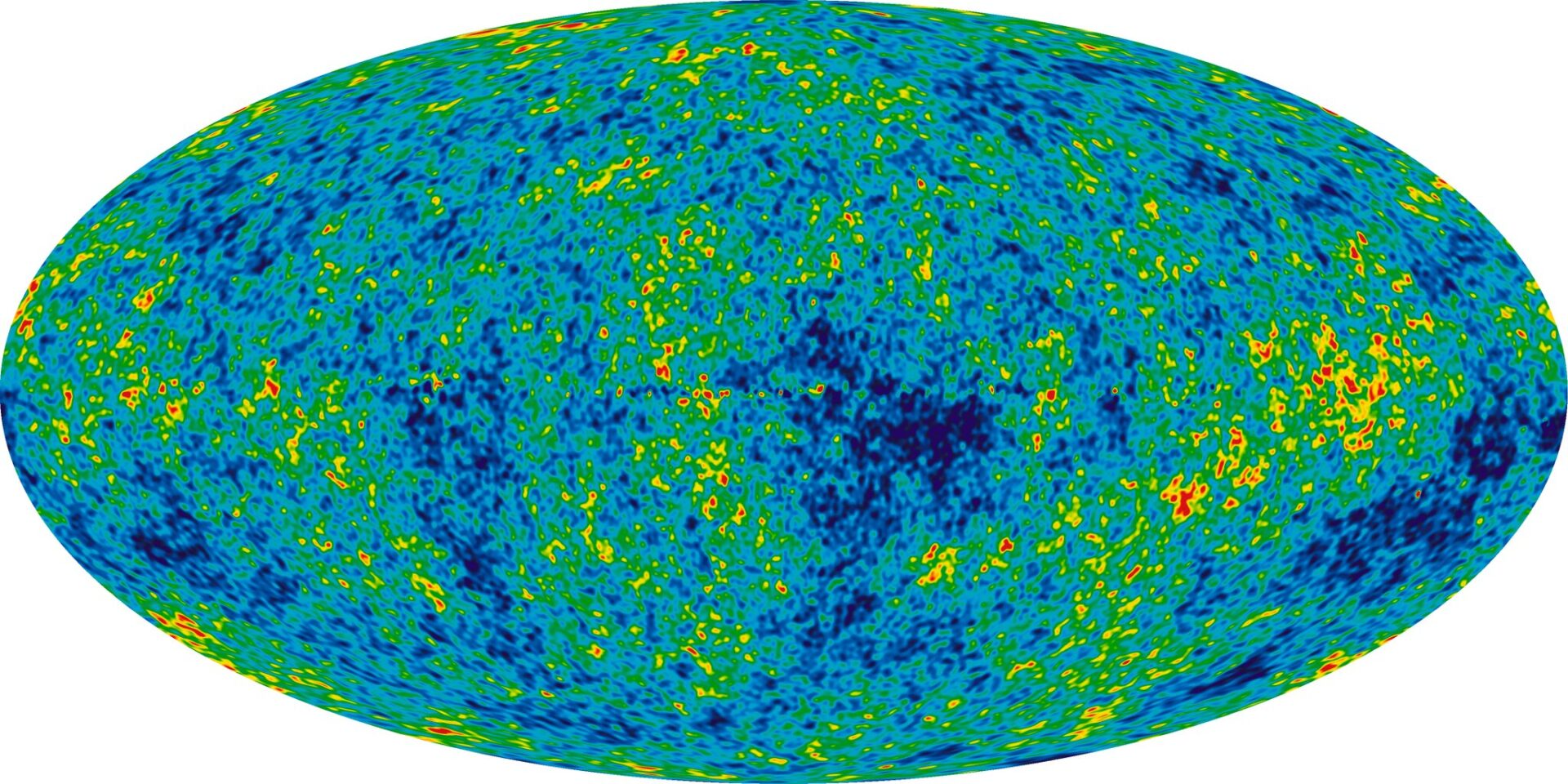 WMAP 9-year full-sky map of the cosmic microwave background showing temperature fluctuations of plus or minus 200 microkelvin — the thermal afterglow of the Big Bang