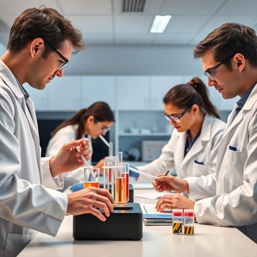 Scientists testing a hypothesis in a controlled laboratory experiment — the foundation of empirical science