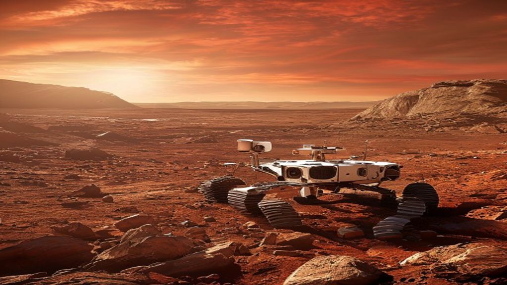 AI-generated illustration of a NASA Mars rover searching the Martian surface for signs of ancient life — evidence of life on Mars would mean the Great Filter likely lies ahead of humanity