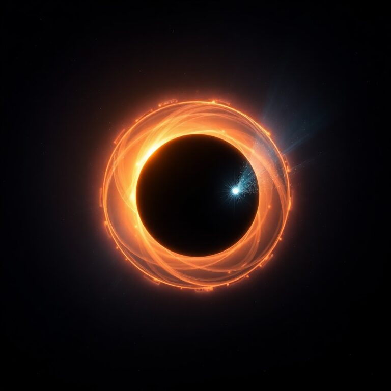 A black hole slowly evaporating through Hawking radiation — particle pairs splitting at the event horizon