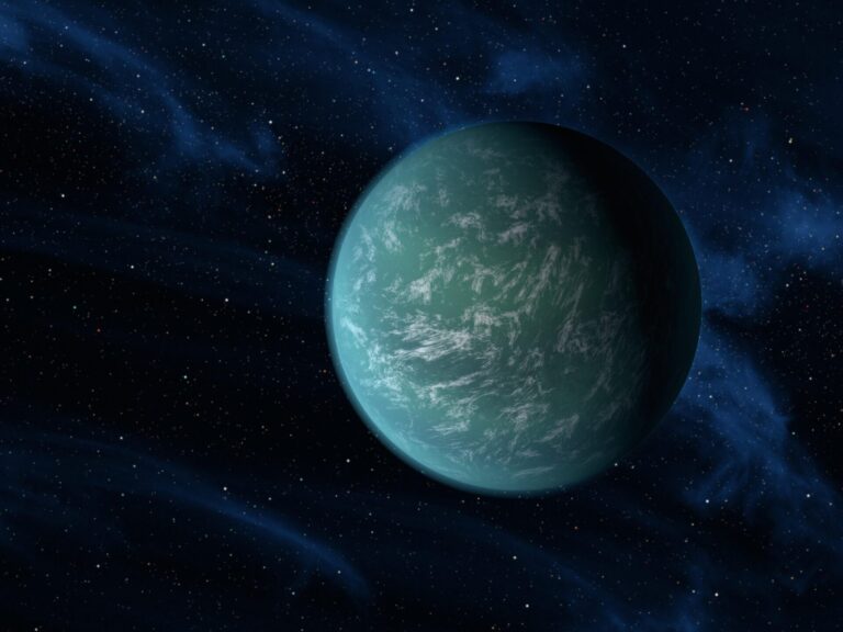 kepler-22b habitability — NASA artist’s concept of Kepler-22b, a 2.4 Earth-radius planet in the habitable zone of a Sun-like star, depicted as a blue-green world with possible ocean coverage