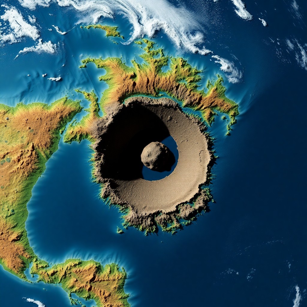 Satellite view of the Chicxulub impact crater in Mexico — the 180-kilometer scar left by the asteroid that caused the K-Pg extinction