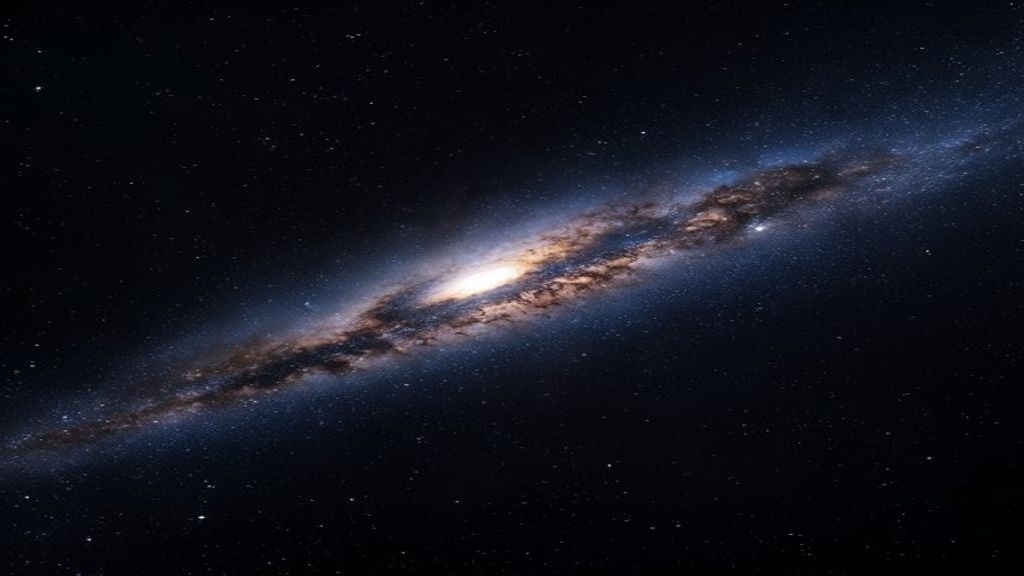 Edge-on side view of a spiral galaxy like the Milky Way showing the thin stellar disk, central bulge, and dark dust lane