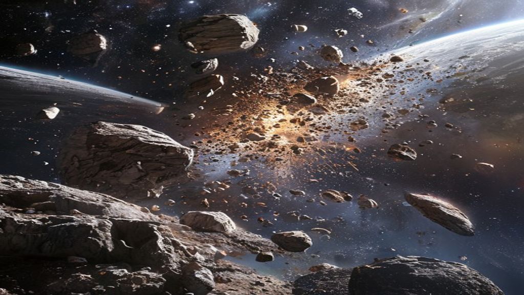 AI illustration of rocks ejected from a planetary surface by a massive asteroid impact — the mechanism of lithopanspermia, potentially carrying microbial life between planets