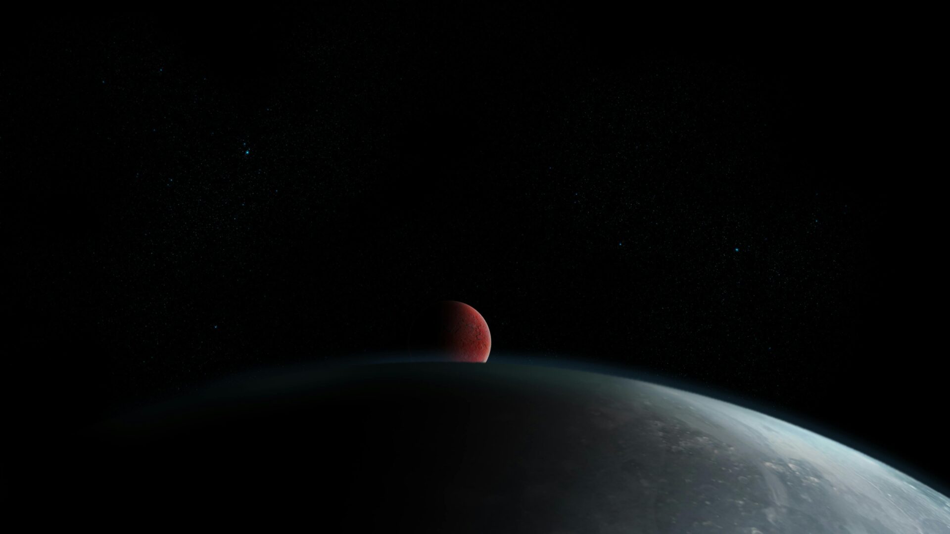 Artist rendering of a tidally locked exoplanet surface with a crimson moon rising over the alien horizon
