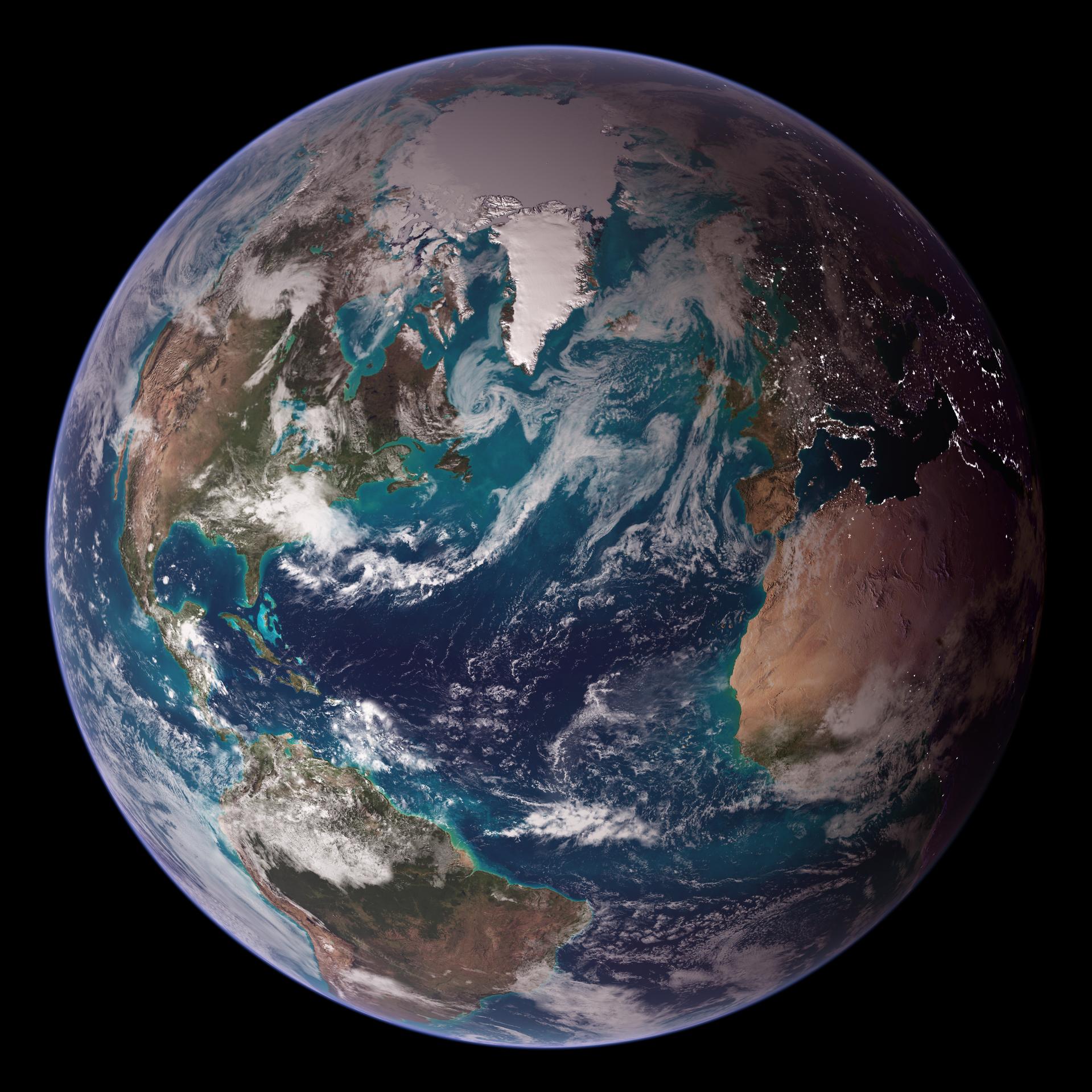 Earth from space showing blue oceans, green continents, and a thin glowing atmosphere