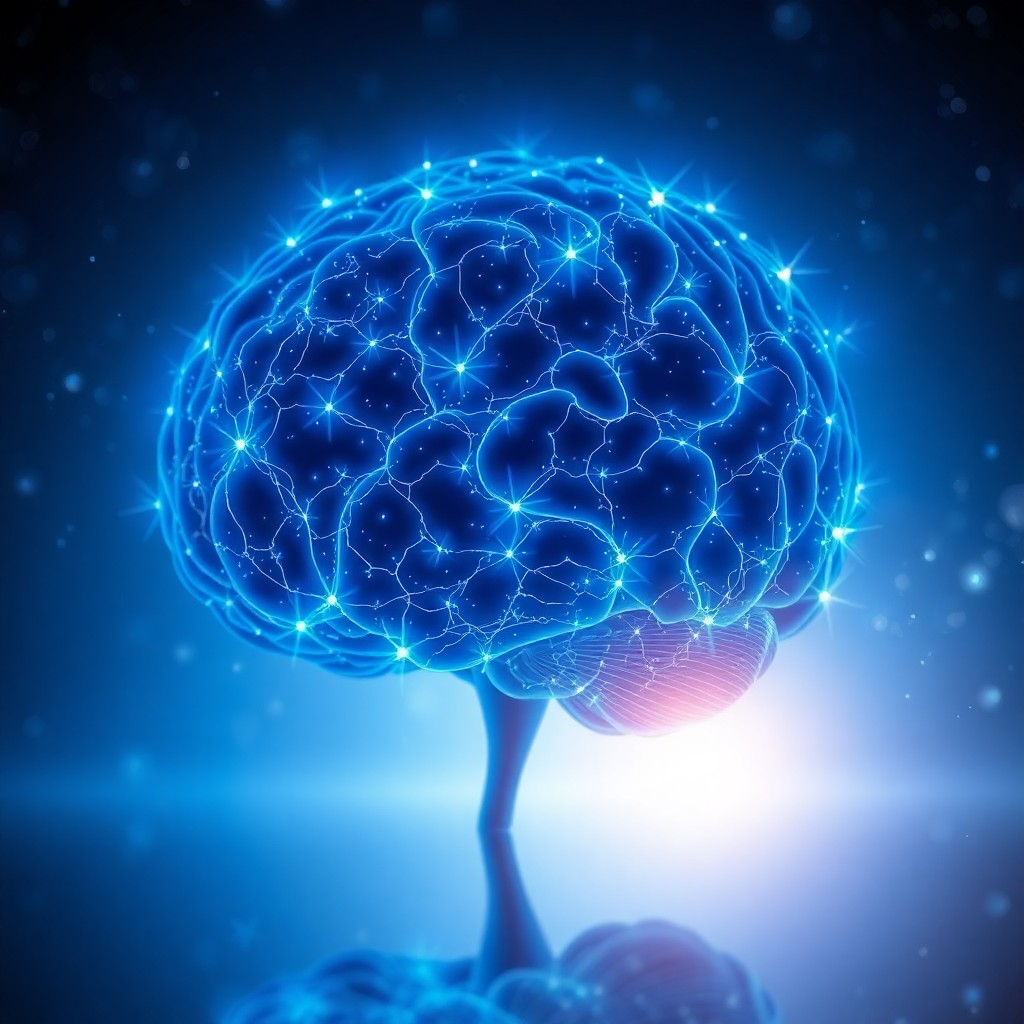 A luminous neural network inside the human brain representing consciousness — synaptic connections firing like stars