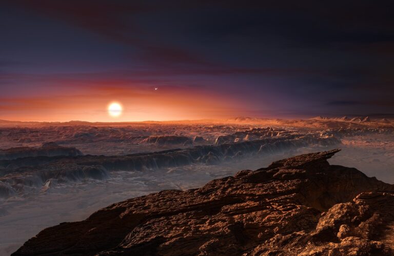 Artist impression of Proxima Centauri b, the nearest known exoplanet, orbiting the red dwarf star Proxima Centauri. Credit: ESO/M. Kornmesser