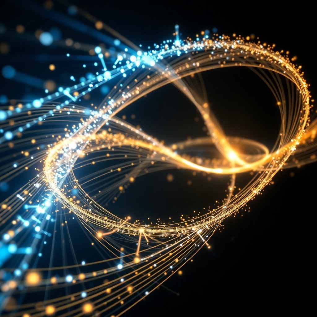 Abstract illustration of quantum gravity theories including string theory attempting to unify quantum mechanics and general relativity