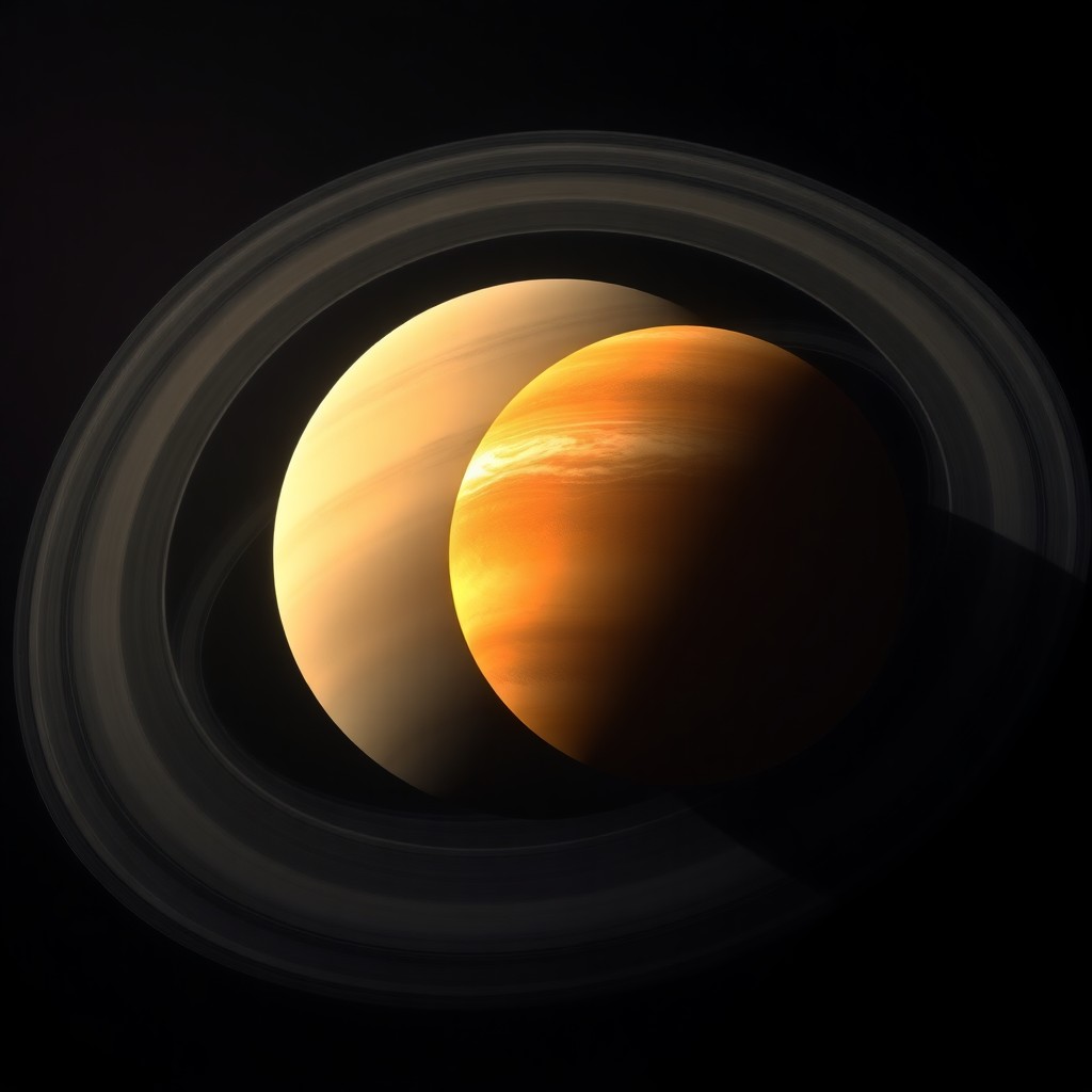 Cassini portrait showing Saturn and its moon Titan, the only moon in the solar system with a dense atmosphere