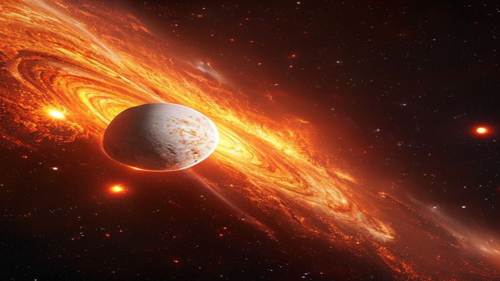 Artist's illustration of a white dwarf accreting matter from a red giant companion star, with an accretion disk building toward the Chandrasekhar limit