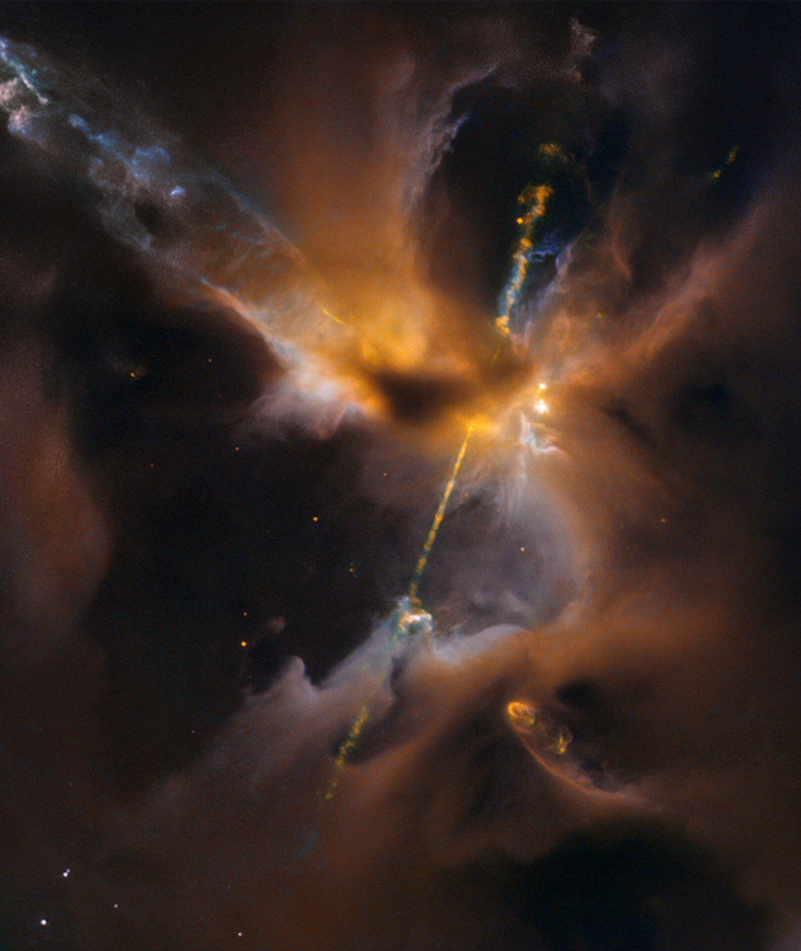 An infrared image of a young protostar in its disk of gas and dust, showing how stars are born.