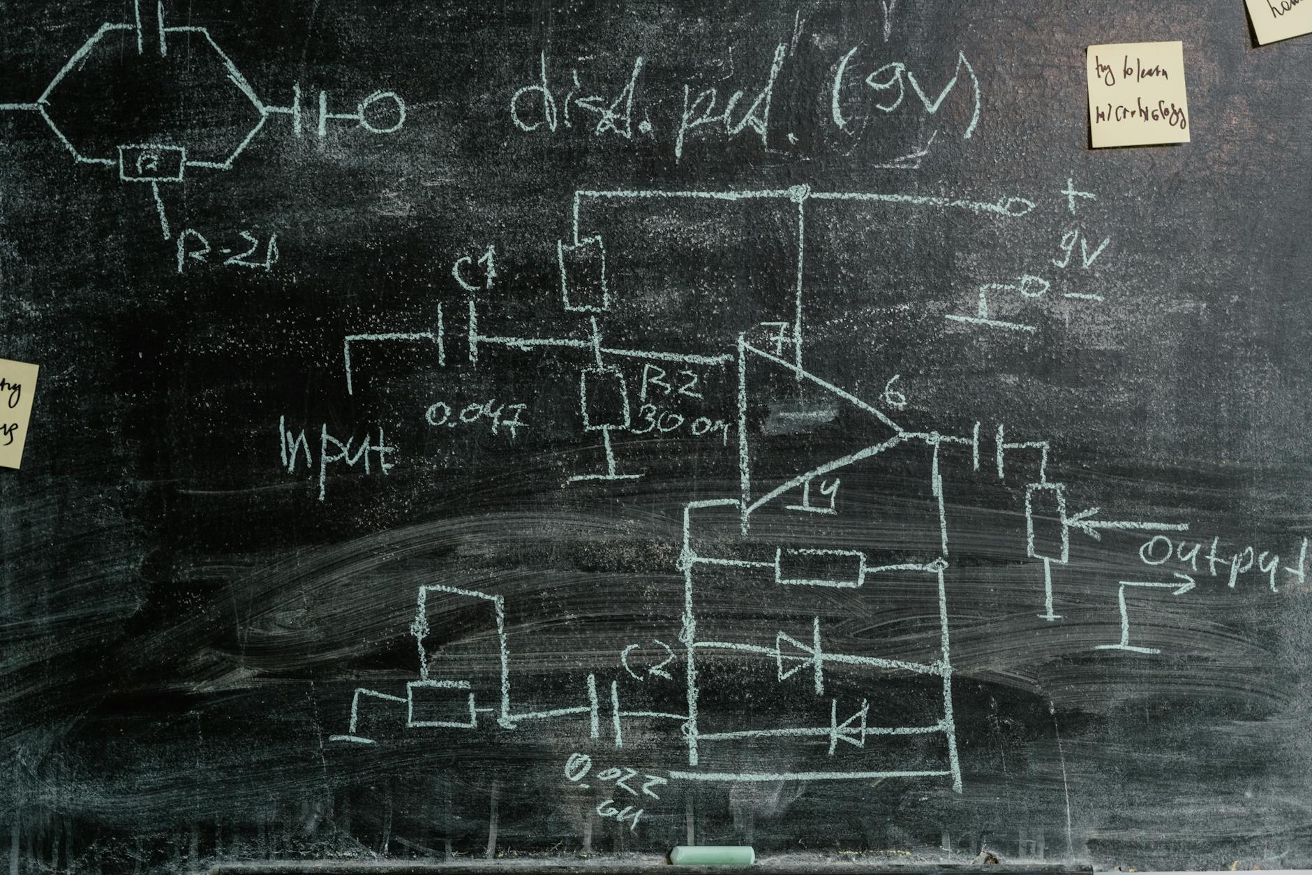 Physics equations on a blackboard representing the theory behind Hawking radiation and the black hole information paradox.