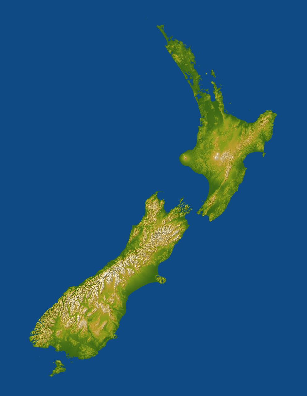 Topographic relief map of New Zealand