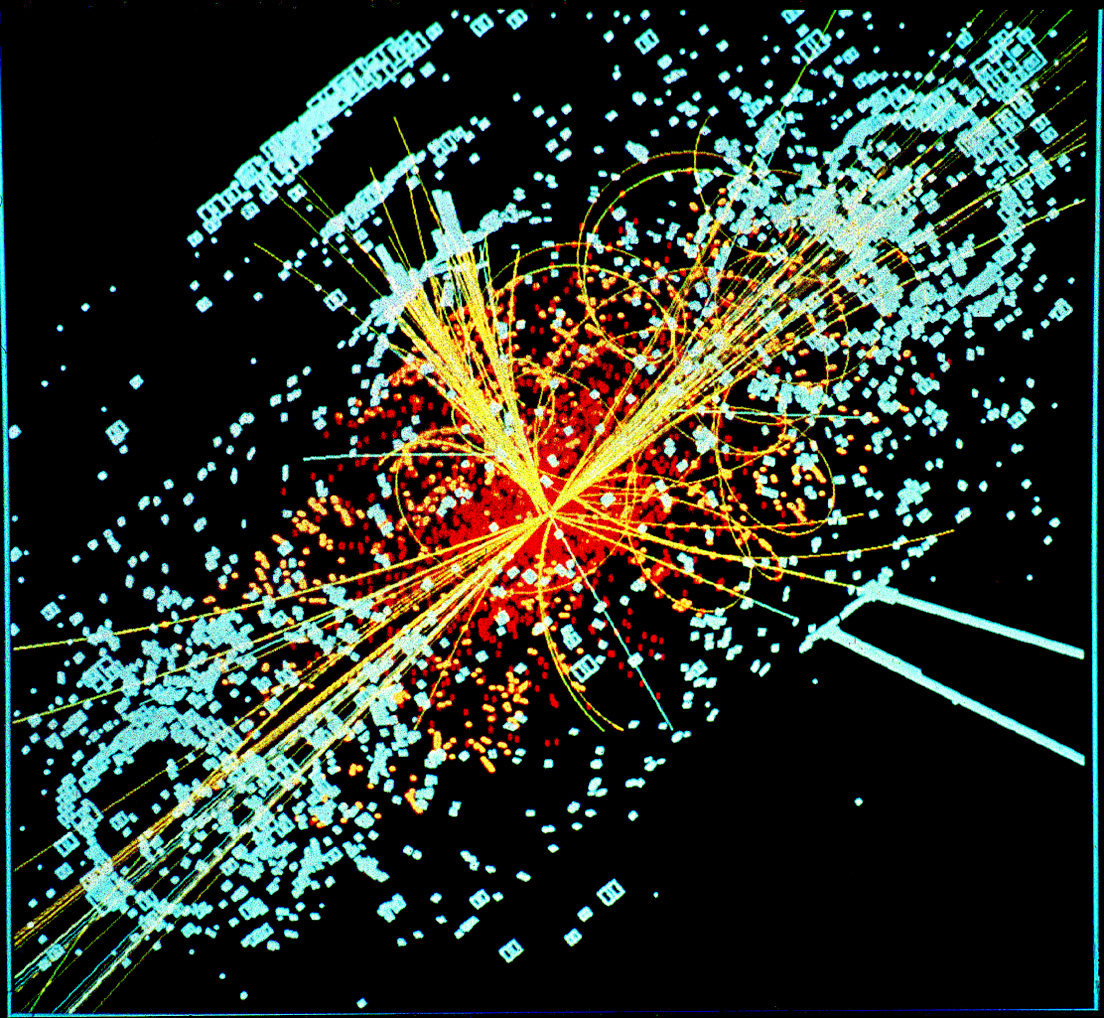 A particle collision at CERN's CMS detector, a test of quantum field theory.