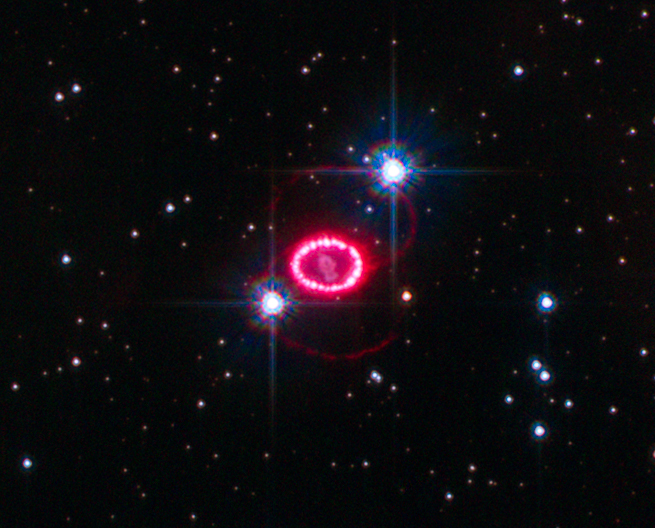 Hubble image of the glowing ring of the Supernova 1987A remnant.