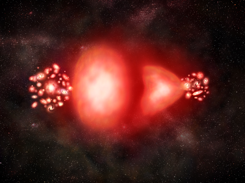 Illustration of matter and antimatter particles annihilating in a burst of energy. Why does matter exist instead of antimatter?