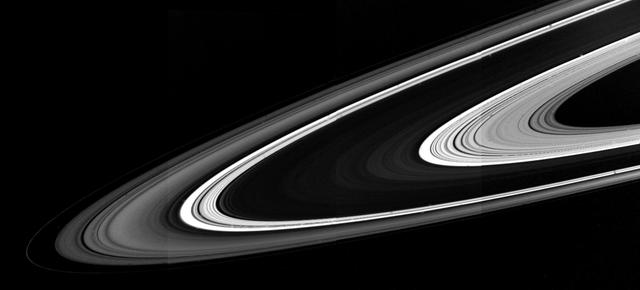 Close-up of Saturn's rings showing the fine banded structure of ice particles