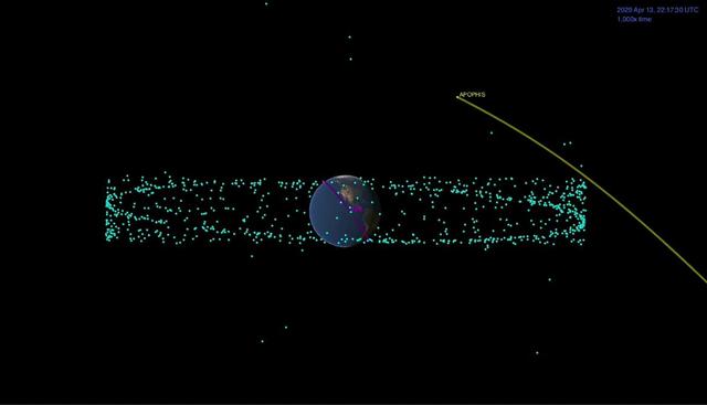 Illustration of near-Earth asteroid Apophis approaching Earth